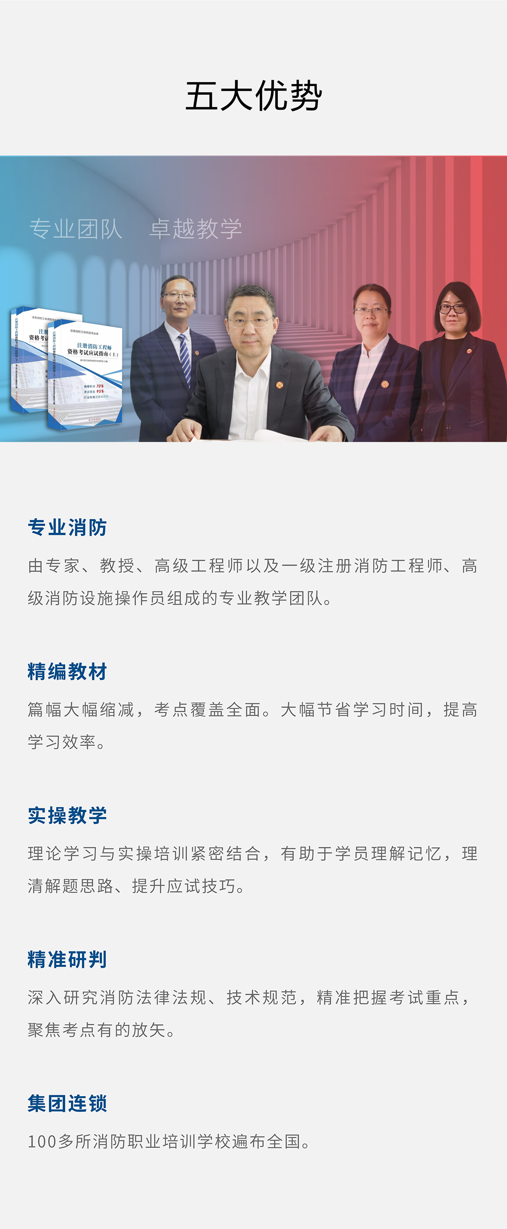 五大优势 专业消防 由专家、教授、高级工程师以及一级注册消防工程师、高级消防设施操作员组成的专业教学团队。 精编教材 篇幅缩减70%，考点覆盖95%。大幅节省学习时间，提高学习效率。 实操教学 理论学习与实操培训紧密结合，有助于学员理解记忆，理清解题思路、提升应试技巧。 精准研判 深入研究消防法律法规、技术规范，精准把握考试重点，聚焦考点有的放矢。 集团连锁 155所消防职业培训学校遍布全国。